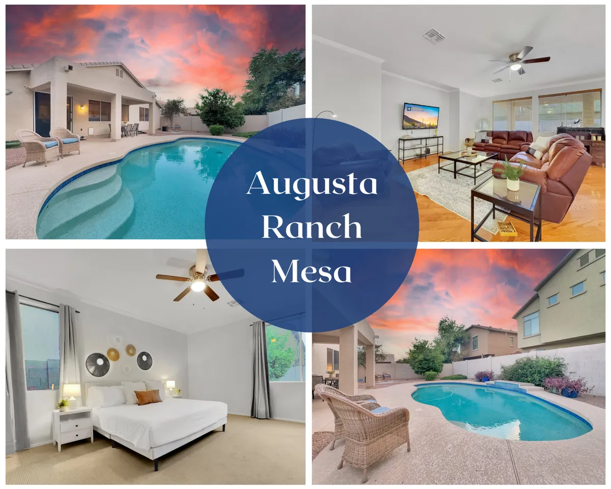 The image showcases the home's inviting backyard with a sparkling swimming pool, comfortable outdoor seating area, and a glimpse into the contemporary living room and stylish bedroom. The setting is bathed in the warm glow of a stunning Arizona sunset, evoking a tranquil and cozy atmosphere.